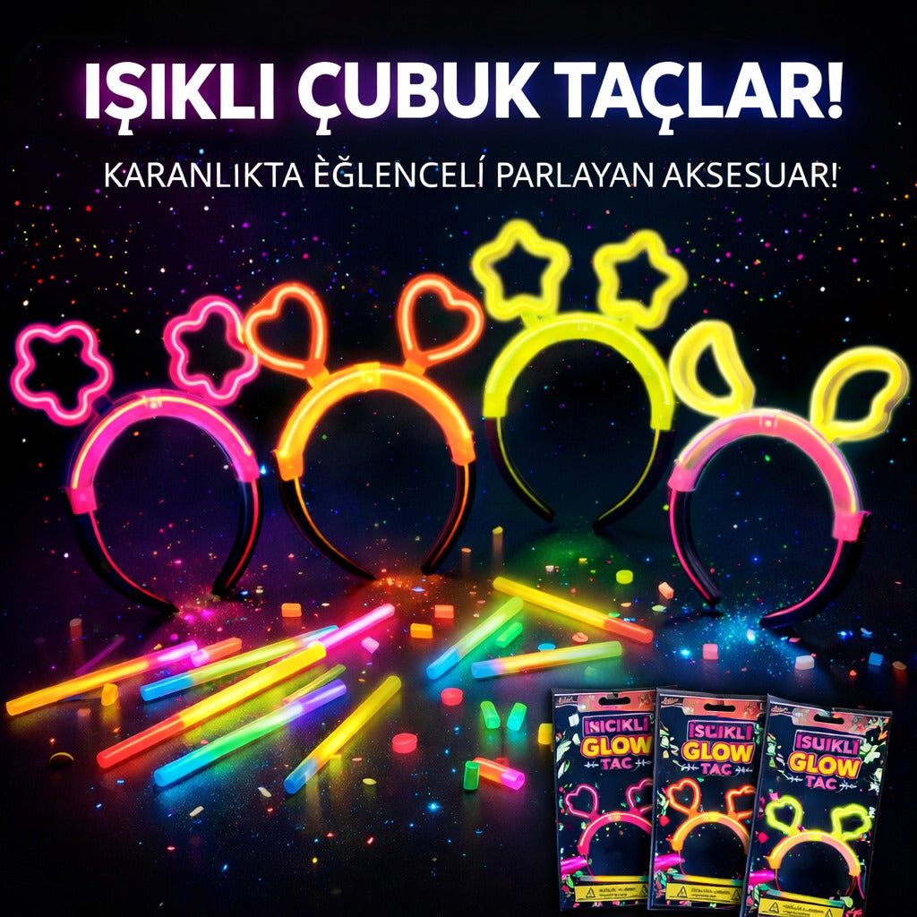 Karanlıkta Parlayan Glow Taç Seti 12 Adet – Yıldız Kalp Ay Çiçek (Her Model 3 Adet) (5286)