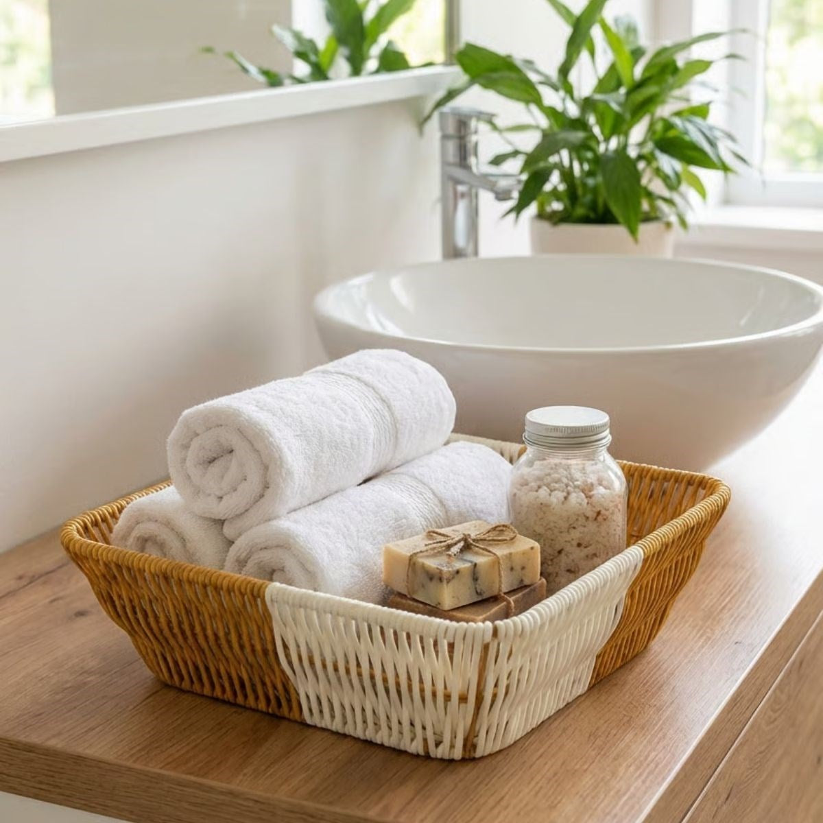 Kare Çift Renkli Plastik Rattan Ekmek ve Meyve Sepeti - Çok Amaçlı Banyo ve Mutfak Düzenleyici - Yıkanabilir Tezgâh Üstü Organizer (5286)