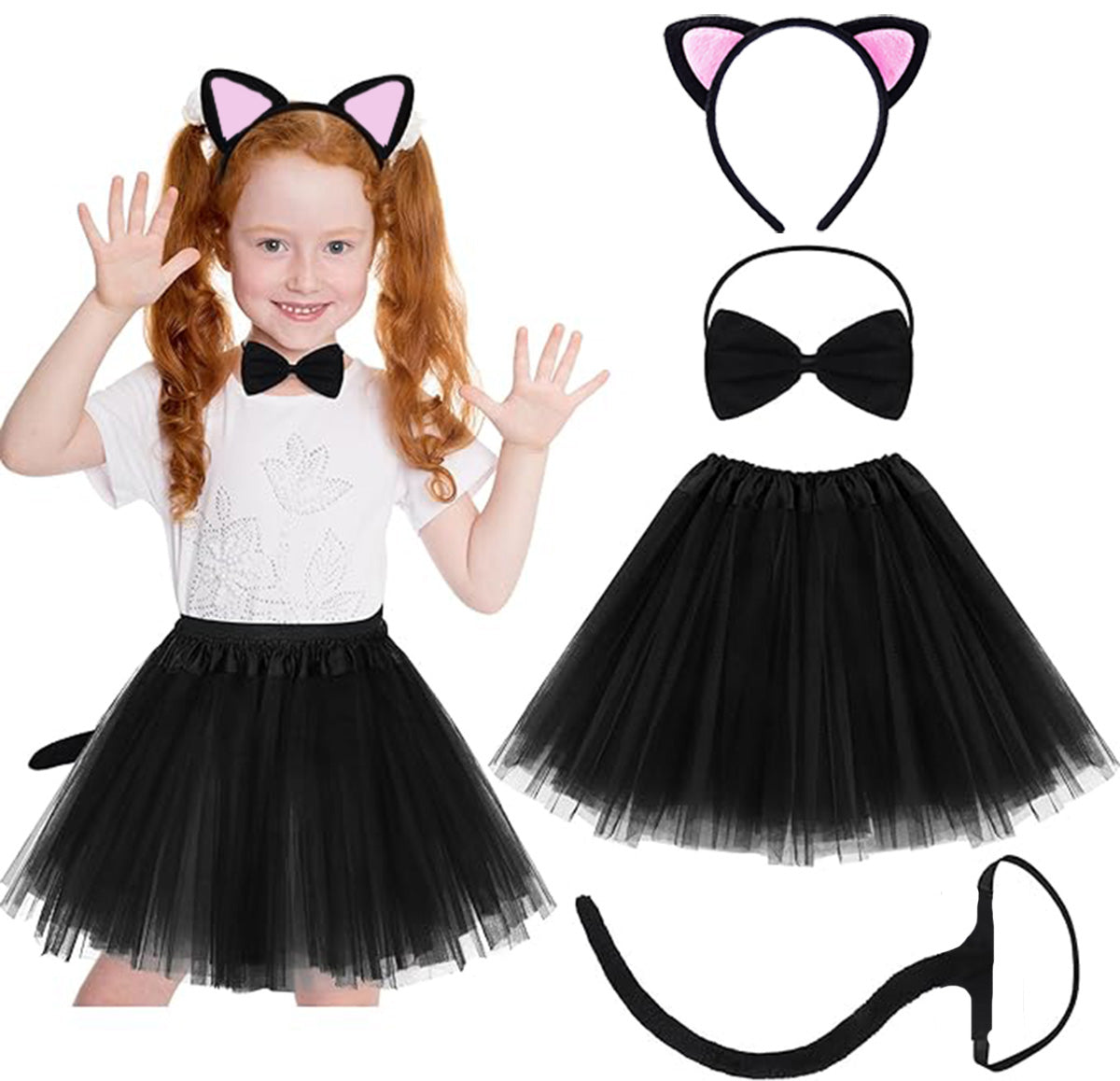 Kedi Kulak Taç Etek Kuyruk ve Papyon 4 lü Set Çocuk Pembe (5286)