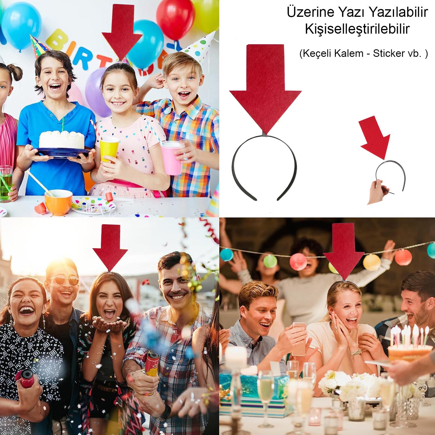 Kişiselleştirilebilir Ok Taç - Üzerine Yazı Yazılabilen Parti Tacı Kırmızı Renk (5286)