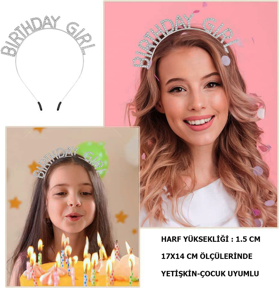 Kristal Taşlı Gümüş Birthday Girl Yazılı Doğum Günü Parti Tacı 19x11 cm (5286)