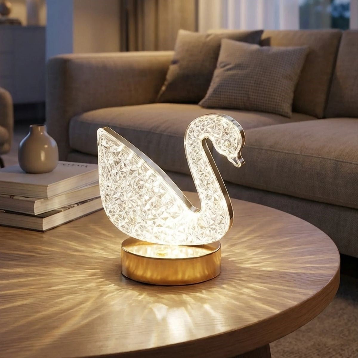 Kuğu Model Kristal LED Masa Lambası – Dokunmatik, 3 Renk Işık Modlu, Şarjlı Mini Dekoratif Gece Lambası (5286)