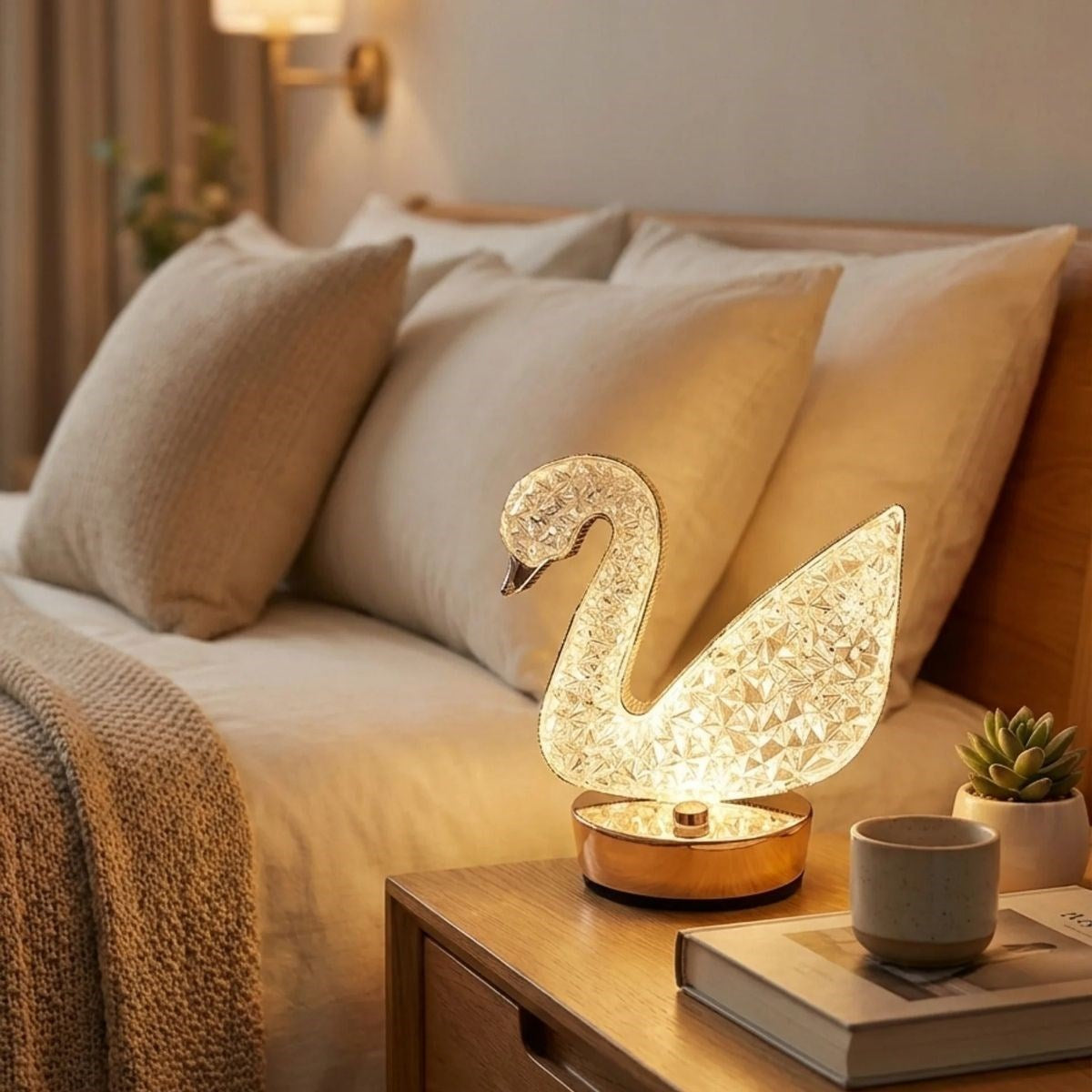 Kuğu Model Kristal LED Masa Lambası – Dokunmatik, 3 Renk Işık Modlu, Şarjlı Mini Dekoratif Gece Lambası (5286)