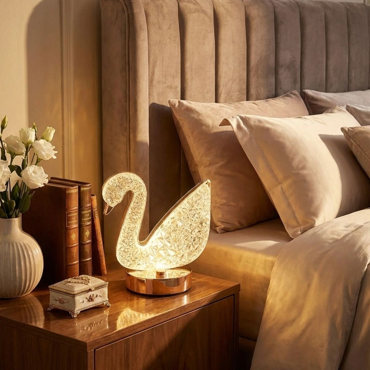 Kuğu Model Kristal LED Masa Lambası – Dokunmatik, 3 Renk Işık Modlu, Şarjlı Mini Dekoratif Gece Lambası (5286)