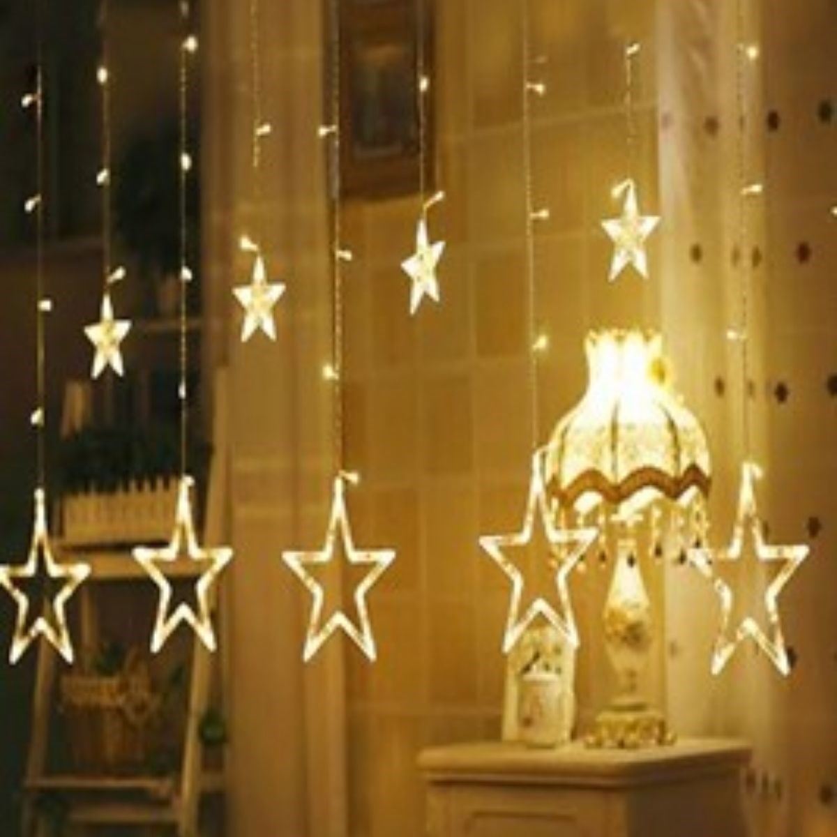 Kumandalı Yıldız Figürlü 12 Sarkıtlı 120 LED Uzaktan Kumandalı Dekor Işık - Masaüstü ve Ortam Aydınlatması (5286)