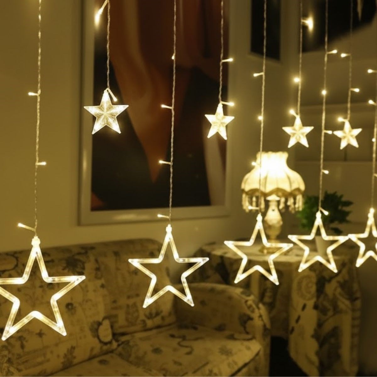 Kumandalı Yıldız Figürlü 12 Sarkıtlı 120 LED Uzaktan Kumandalı Dekor Işık - Masaüstü ve Ortam Aydınlatması (5286)