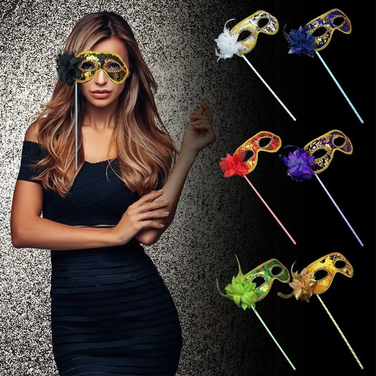 Lüks Taşlı Saplı Maskeli Balo Maskesi Mor Renk 35 cm (5286)