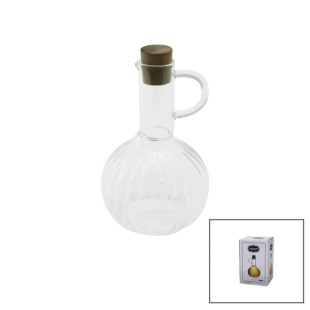 MİNİ CAM YAĞDANLIK ÇİZGİLİ DESEN 300ML AHŞAP BAMBU MANTAR TIPA (5286)