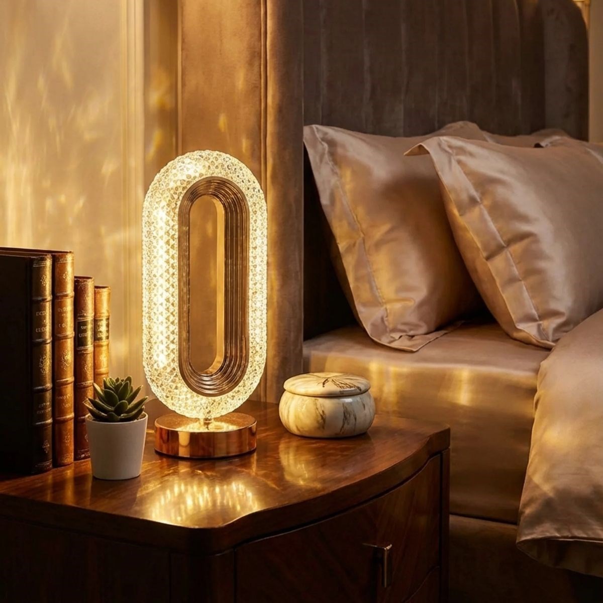 Oval Şeklinde Kristal LED Masa Lambası – Dokunmatik, 3 Renk Işık Modlu, Şarjlı Dekoratif Gece Lambası (5286)