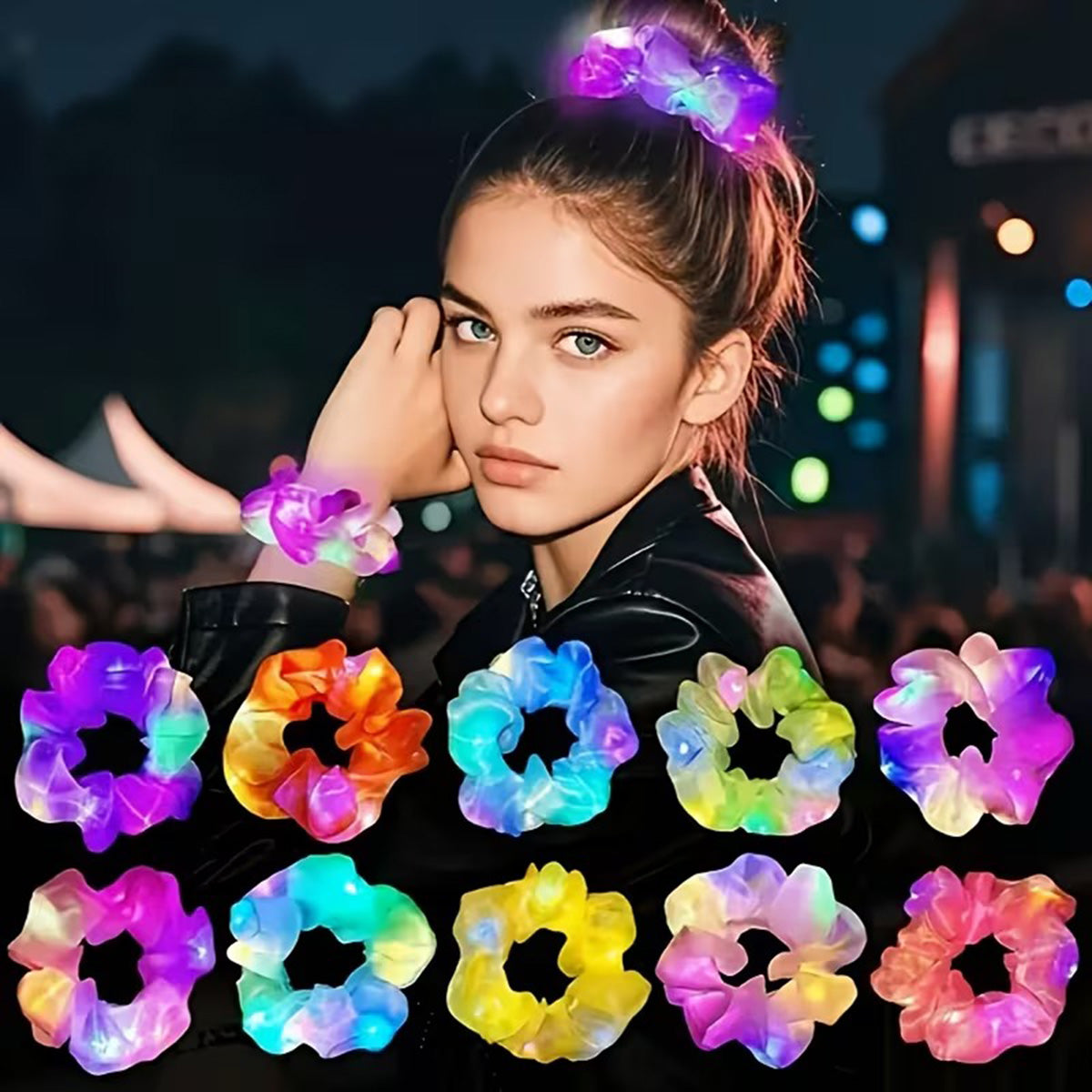 Pembe Renk Led Işıklı Lastikli Saç Tokası - 3 Modlu Festival - Parti Saç Tokası (5286)