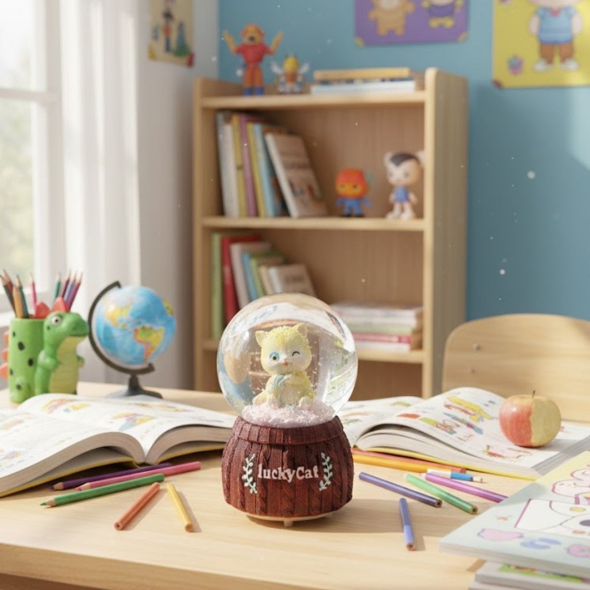 Pilli Işıklı Müzikli Kar Küresi-Şanslı Kedi Figürlü Eğlenceli Masaüstü Biblo, LED Aydınlatmalı Dekoratif Hediyelik Kar Küresi (5286)