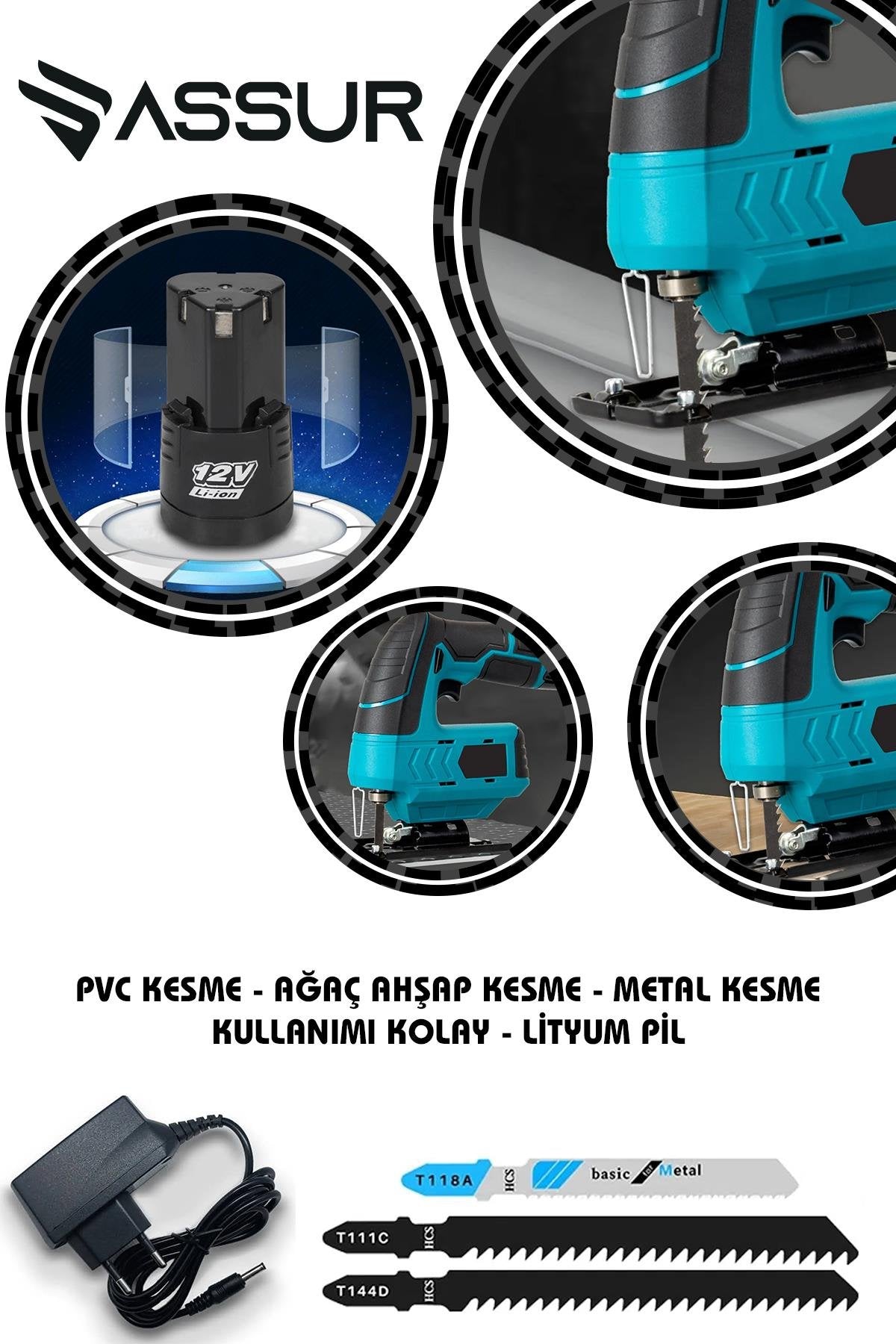 PROFESYONEL ŞARJLI DEKUPAJ TESTERE SUNTA KESME DEKOPAJ KADEMELİ HIZ AYAR 2 FREN SİSTEMİ 12V - 360W  ASR-817 (5286)
