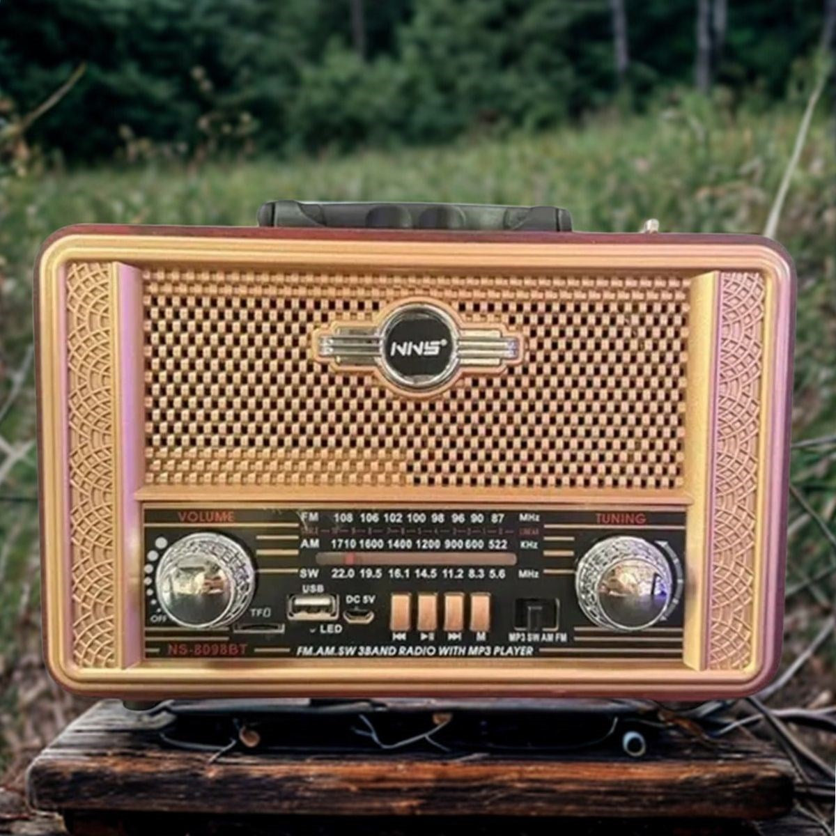 Retro, Nostaljik, Ahşap Tasarım Bluetooth Hoparlörlü, Şarjlı, Taşınabilir Otantik Tasarımlı FM/AM Destekli Radyo NS8098 (5286)