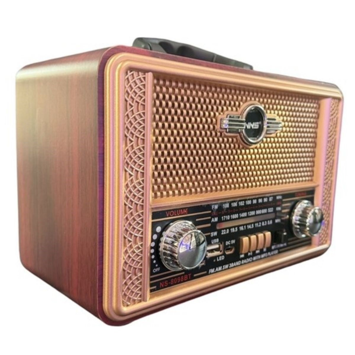 Retro, Nostaljik, Ahşap Tasarım Bluetooth Hoparlörlü, Şarjlı, Taşınabilir Otantik Tasarımlı FM/AM Destekli Radyo NS8098 (5286)