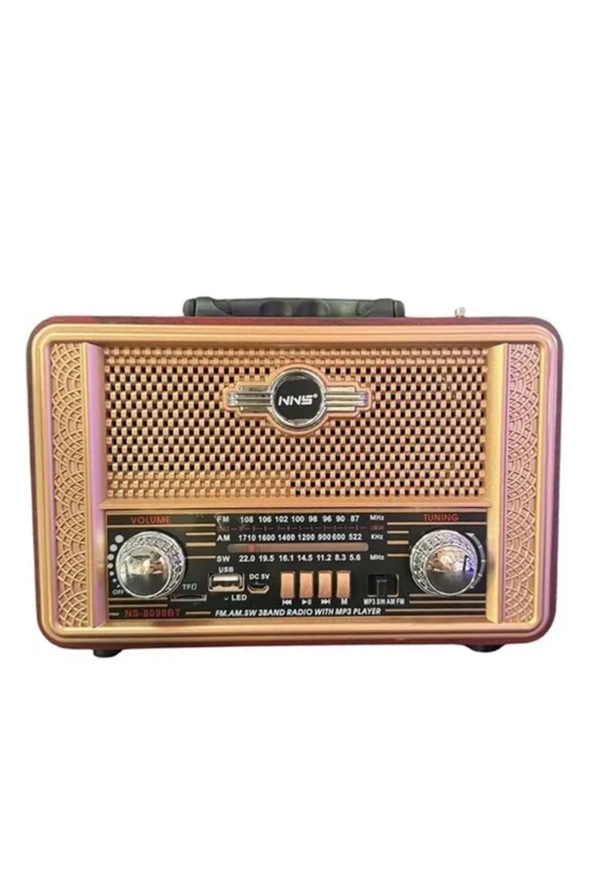 Retro, Nostaljik, Ahşap Tasarım Bluetooth Hoparlörlü, Şarjlı, Taşınabilir Otantik Tasarımlı FM/AM Destekli Radyo NS8098 (5286)