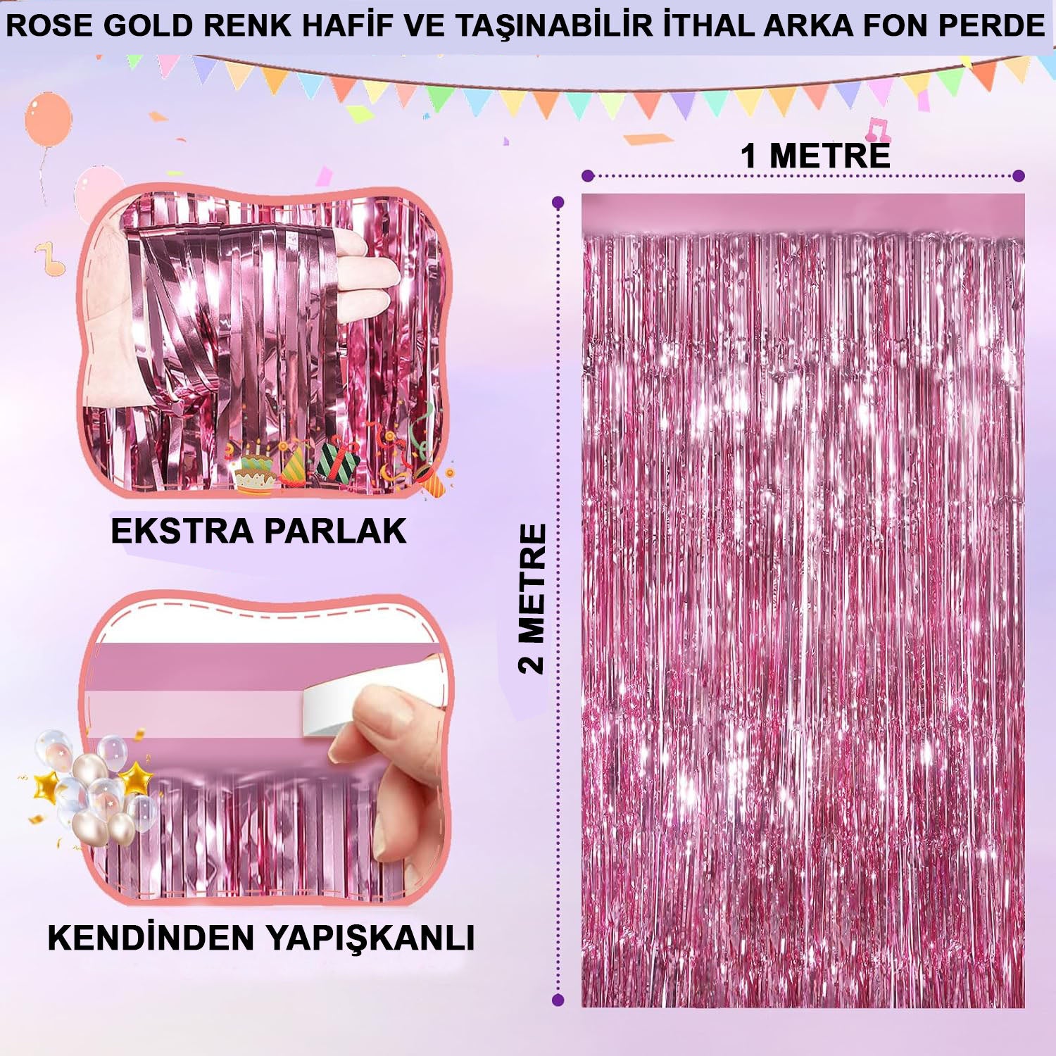 Rose Gold Renk Ekstra Metalize Parlak Saçaklı Arka Fon Perde İthal A Kalite 1x2 Metre (5286)
