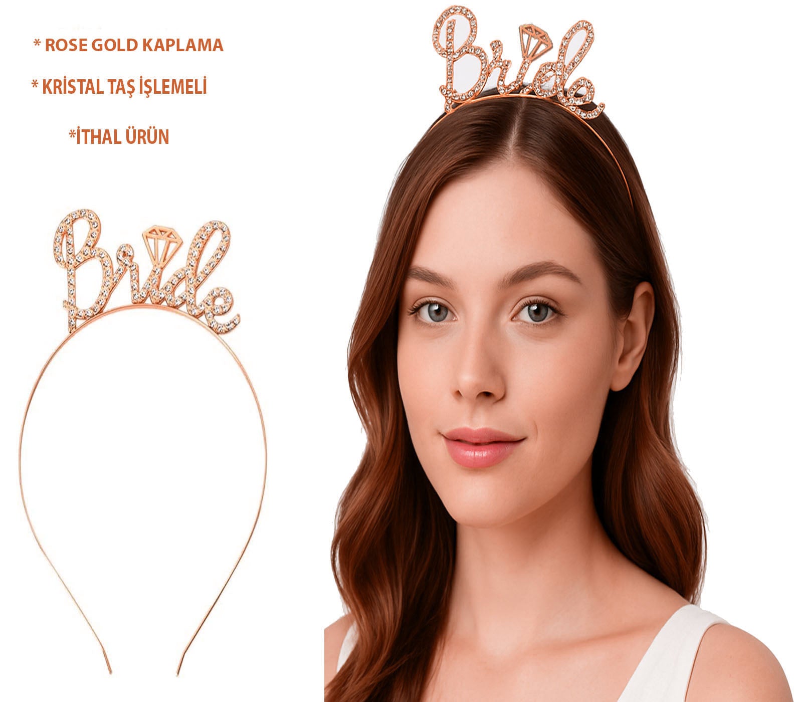 Rose Gold Renkli Taşlı “Bride” Gelin Tacı – El Yazısı Yazı Tipiyle (5286)