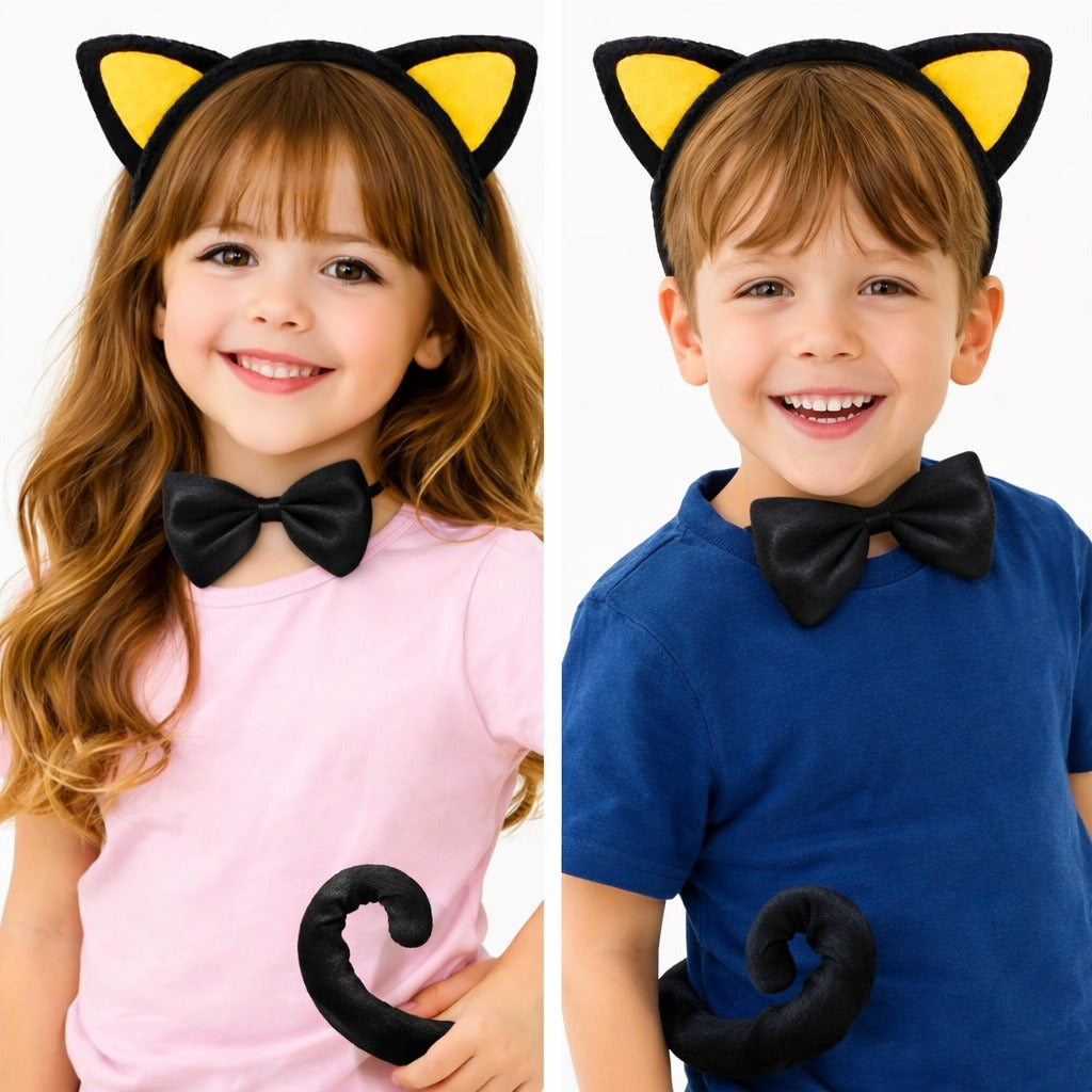 Sarı Kulaklı Kedi Kostüm Seti - Taç Papyon Kuyruk 3 Parça (5286)