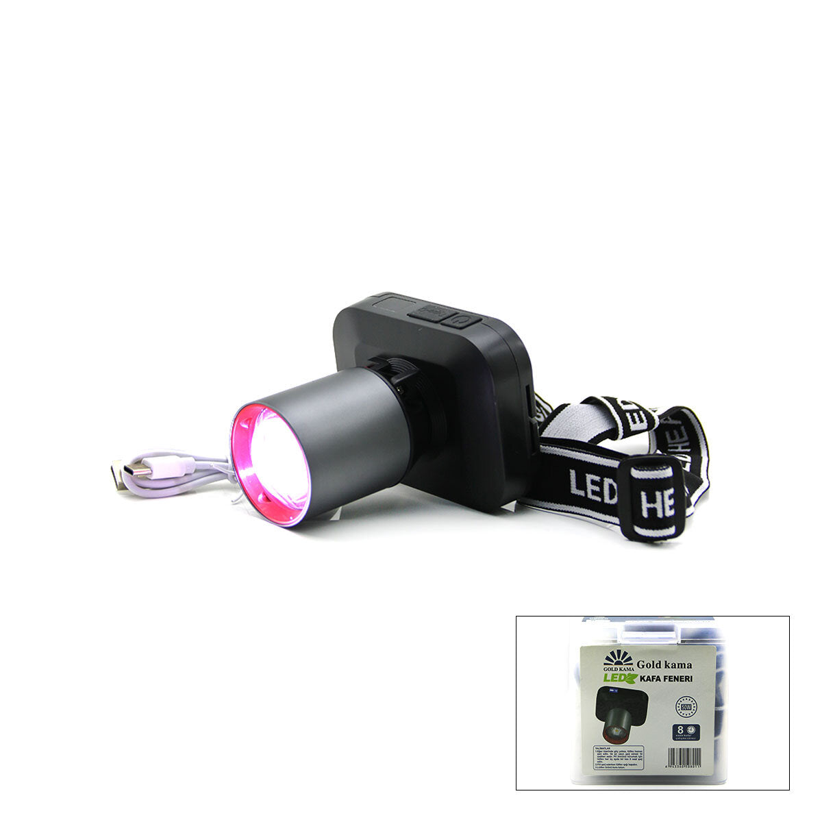 ŞARJLI 50W KAFA LAMBASI FENER 1 LED USB - TYPE-C DİJİTAL KADEME IŞIK AYARI - FLAŞÖR (5286)