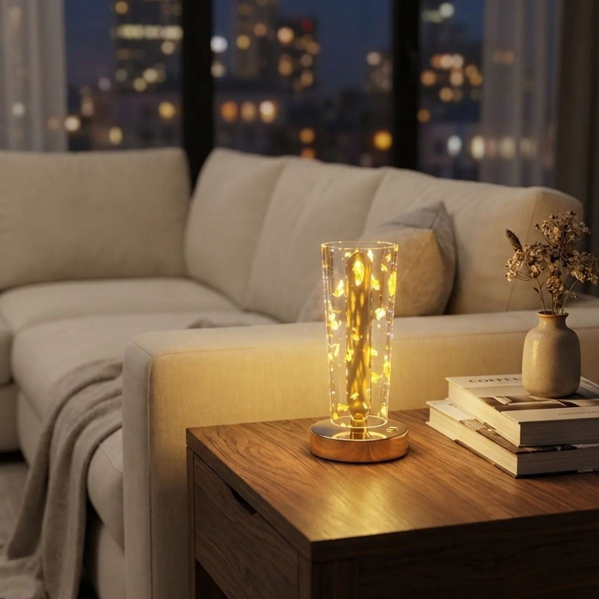 Silindirik Kristal Altın Toz Model LED Masa Lambası – Gold Tabanlı, Dokunmatik, 3 Renk Işık Modlu, Şarjlı Modern Dekoratif Gece Lambası (5286)