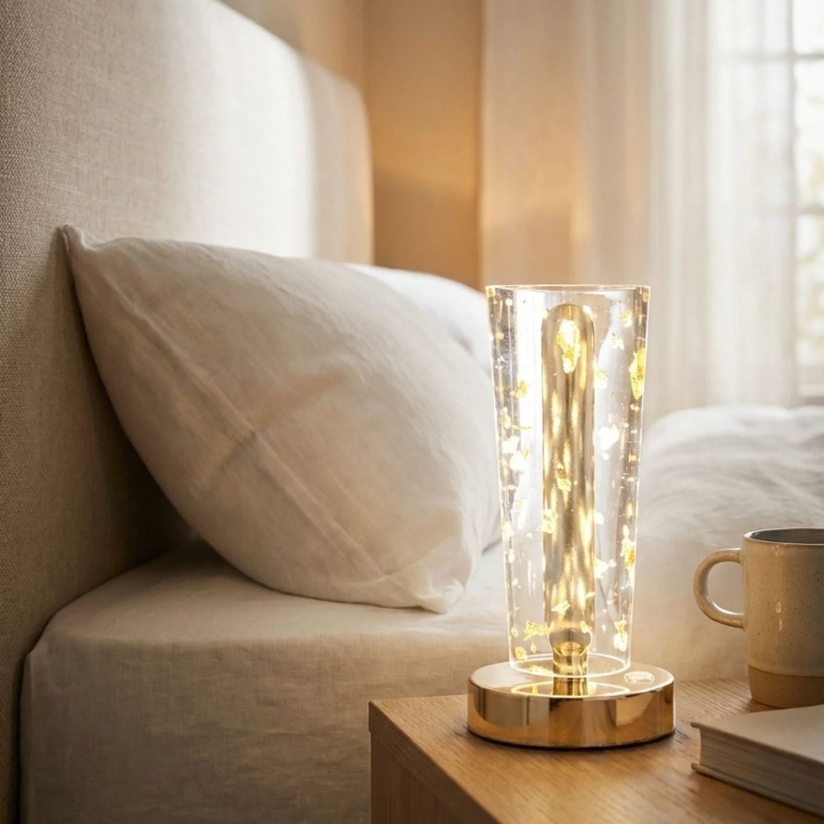 Silindirik Kristal Altın Toz Model LED Masa Lambası – Gold Tabanlı, Dokunmatik, 3 Renk Işık Modlu, Şarjlı Modern Dekoratif Gece Lambası (5286)