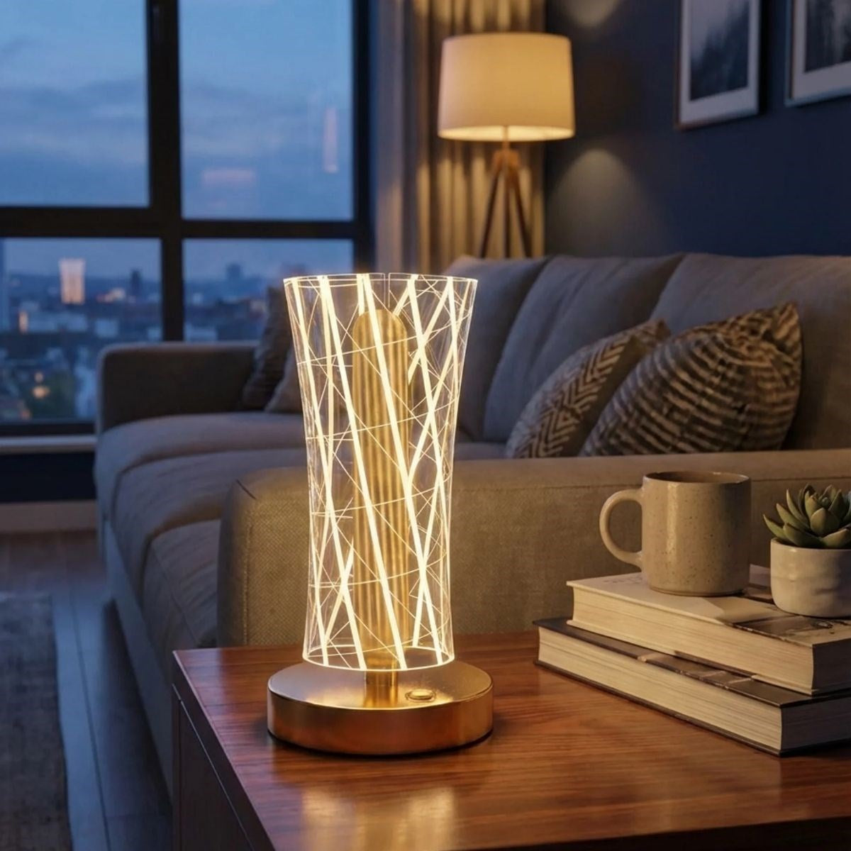 Silindirik Kristal Çizgi Model LED Masa Lambası – Gold Tabanlı, Dokunmatik, 3 Renk Işık Modlu, Şarjlı Modern Dekoratif Gece Lambası (5286)