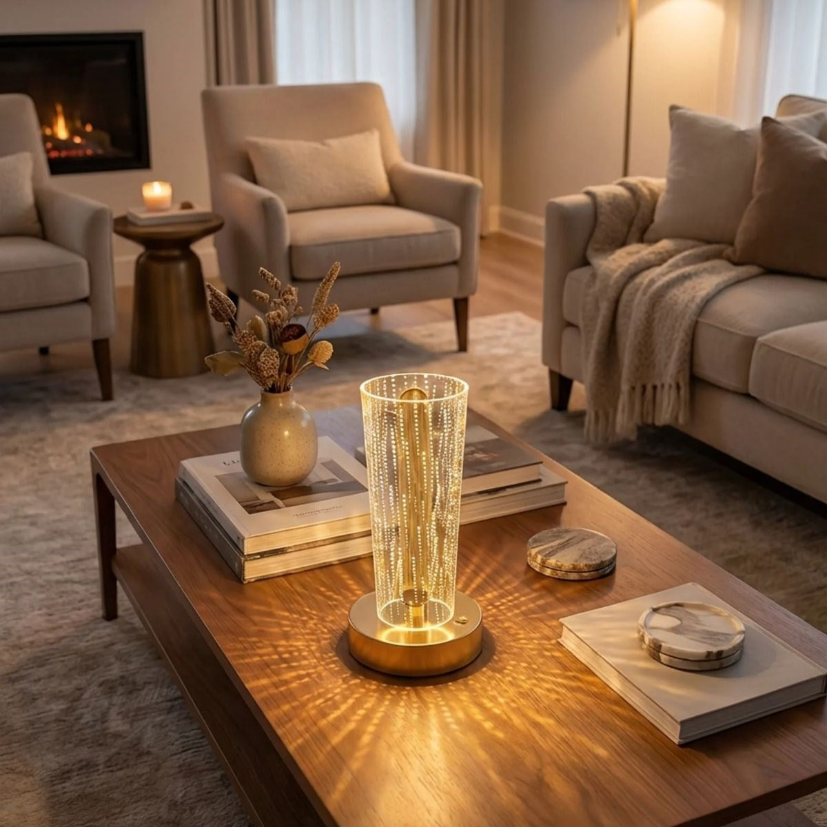 Silindirik Kristal Nokta Model LED Masa Lambası – Gold Tabanlı, Dokunmatik, 3 Renk Işık Modlu, Şarjlı Modern Dekoratif Gece Lambası (5286)