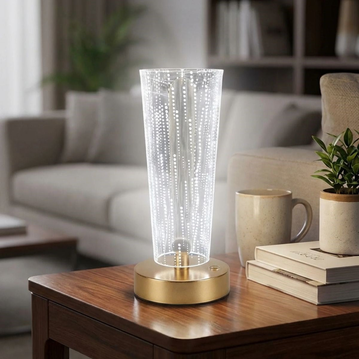 Silindirik Kristal Nokta Model LED Masa Lambası – Gold Tabanlı, Dokunmatik, 3 Renk Işık Modlu, Şarjlı Modern Dekoratif Gece Lambası (5286)