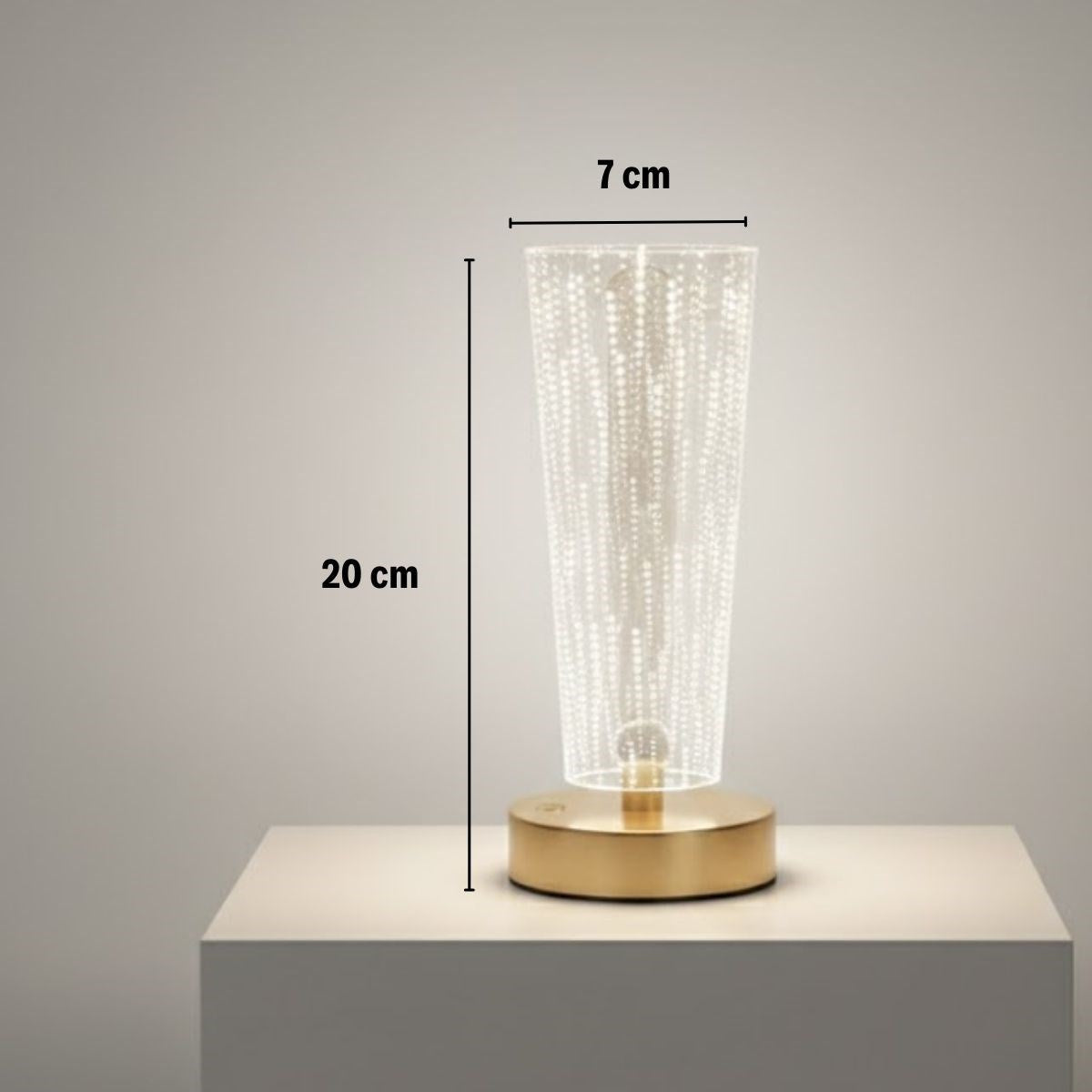 Silindirik Kristal Nokta Model LED Masa Lambası – Gold Tabanlı, Dokunmatik, 3 Renk Işık Modlu, Şarjlı Modern Dekoratif Gece Lambası (5286)