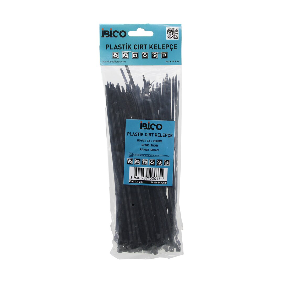 SİYAH   3.6X200MM  PLASTİK CIRT KELEPÇE  100PCS (5286)