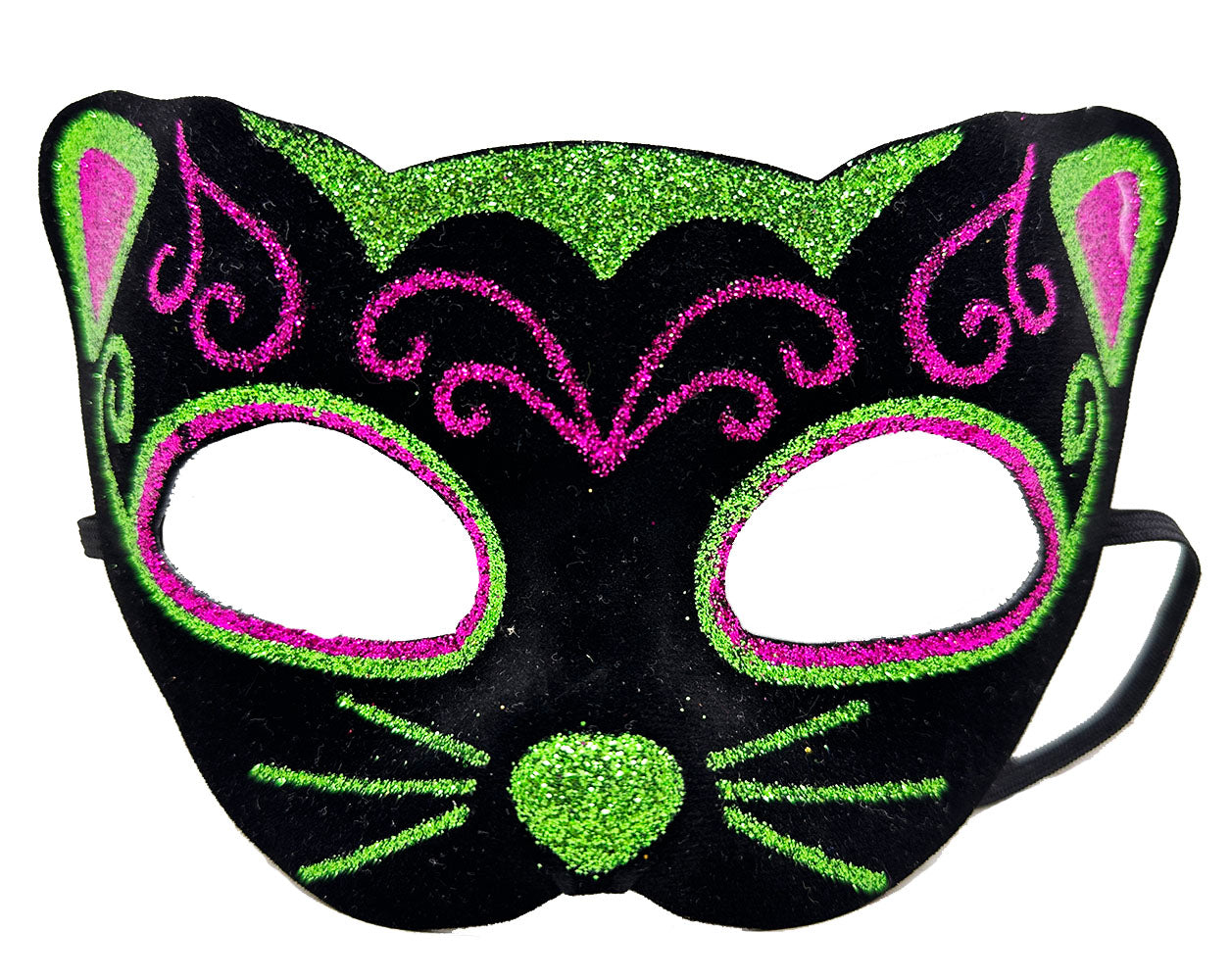 Siyah Kadife Kaplama Üzeri Pembe Yeşil Sim İşlemeli Kedi Maskesi 20x13 cm (5286)