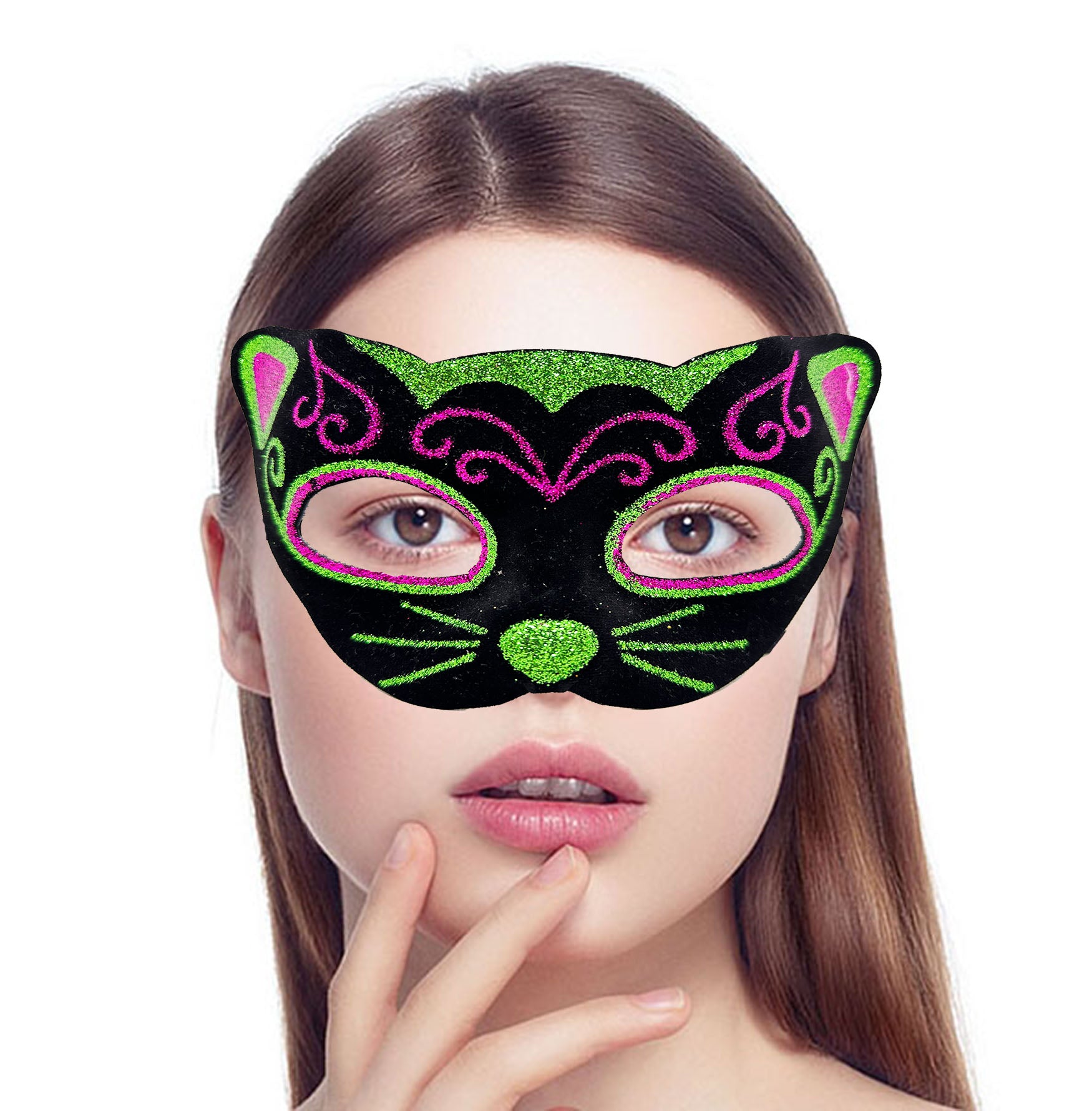 Siyah Kadife Kaplama Üzeri Pembe Yeşil Sim İşlemeli Kedi Maskesi 20x13 cm (5286)