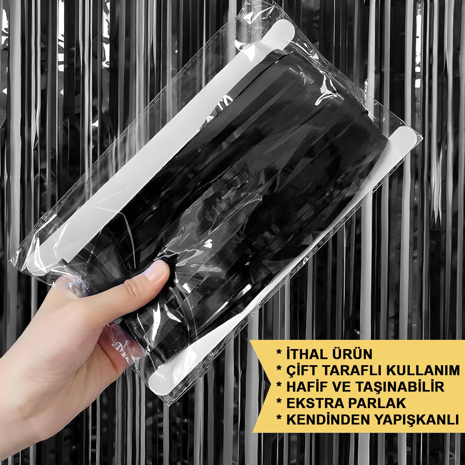 Siyah Renk Ekstra Metalize Parlak Saçaklı Arka Fon Perde İthal A Kalite 1x2 Metre (5286)