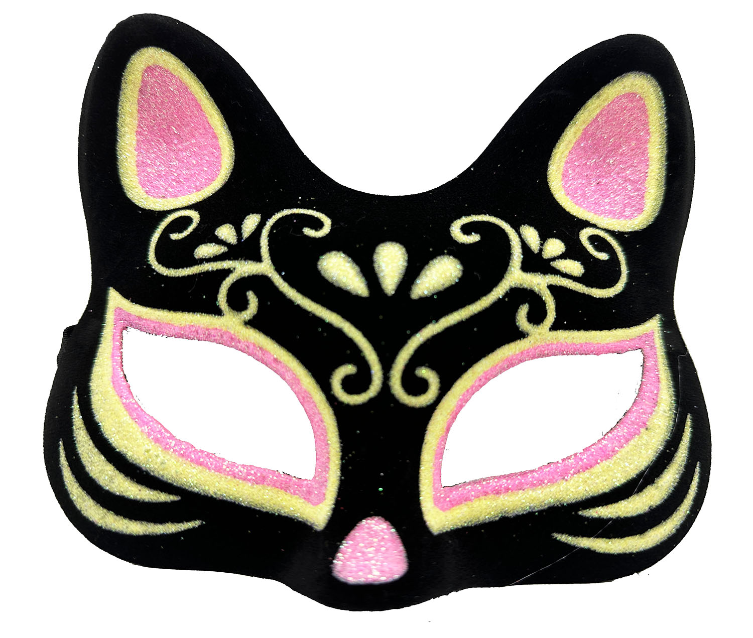 Siyah Renk Süet Kaplama Üzeri Pembe Sarı Simli Kedi Maskesi 17x14 cm (5286)
