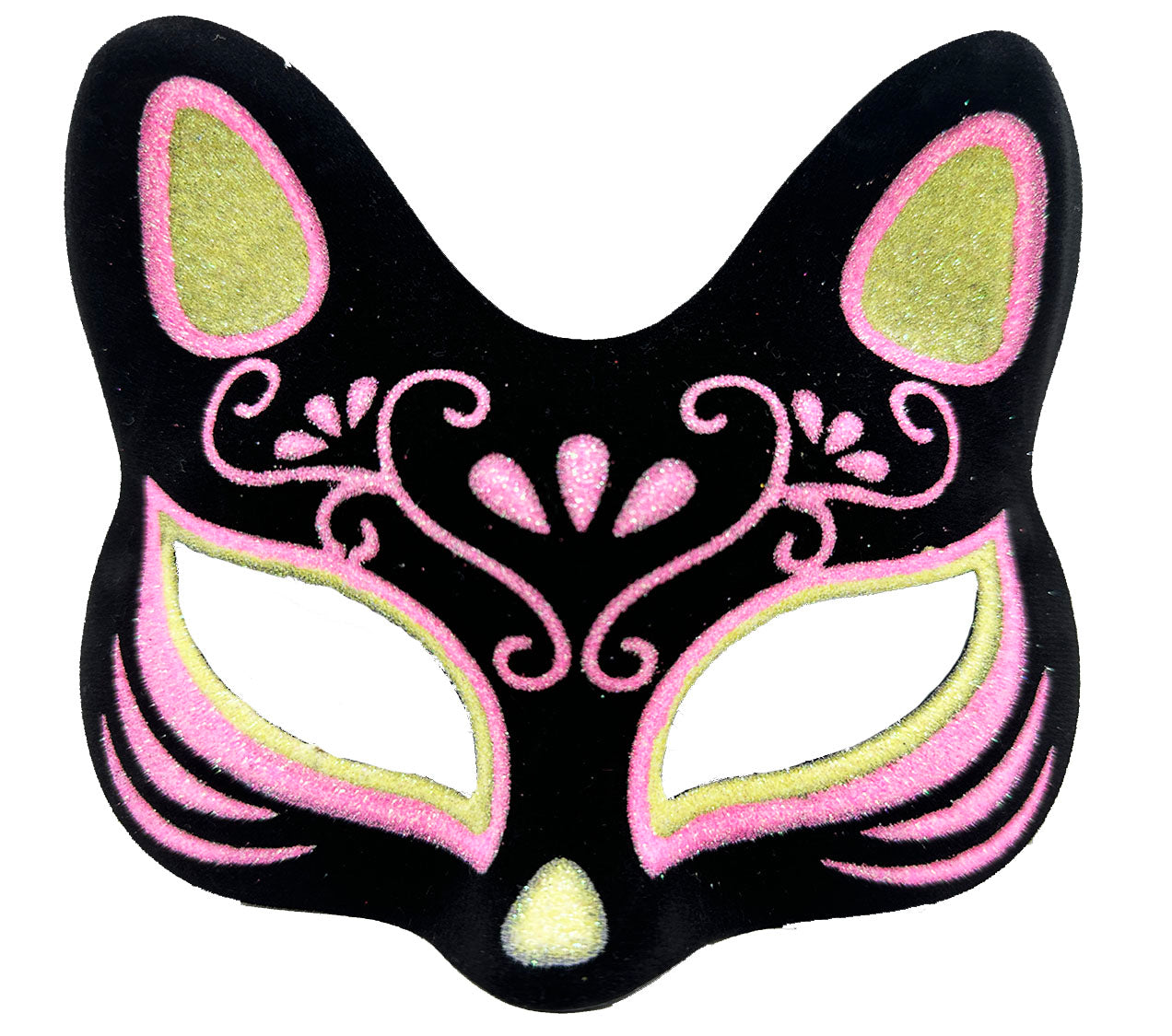 Siyah Renk Süet Kaplama Üzeri Sarı Pembe Simli Kedi Maskesi 17x14 cm (5286)