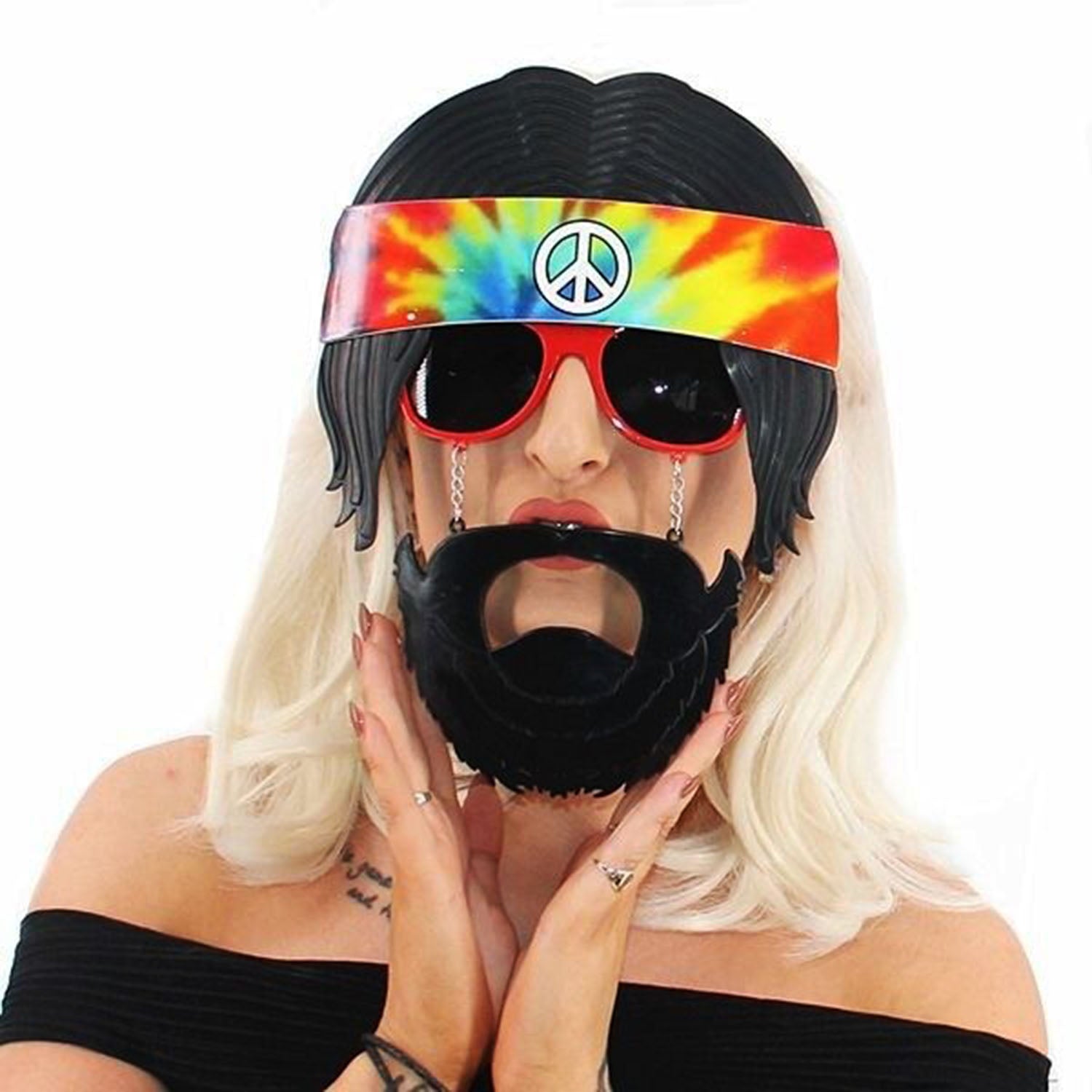 Siyah Saçlı Bandana Tasarımlı Hippi Parti Gözlüğü 26x18 cm (5286)