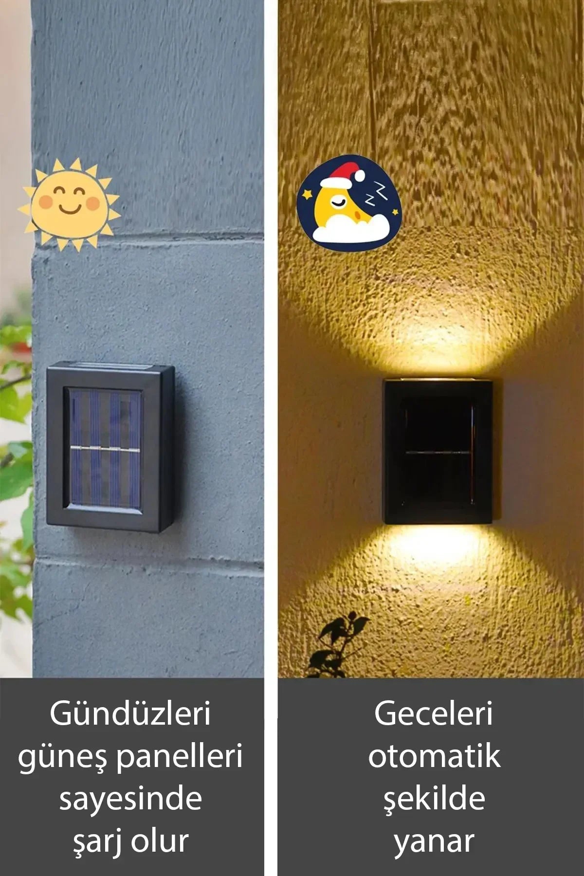 Solar Çift Taraflı Duvar Lambası Güneş Enerjili Aydınlatma Dekorasyon Aplik Işık 2 Li (5286)