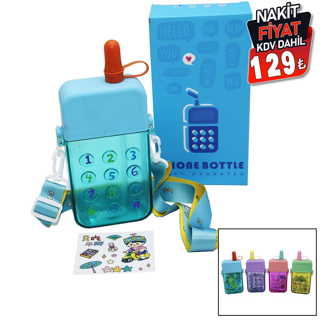 TELEFON MODELİ RENKLİ MİKA KRİSTAL SULUK MATARA PİPETLİ - VİDALI KAPAK - ASKILI 300ML (5286)