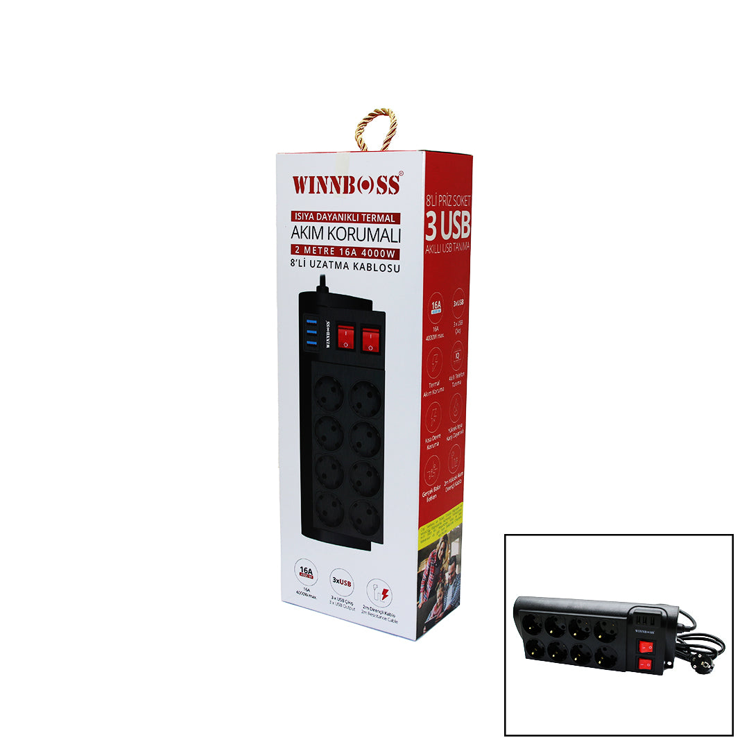 TERMAL AKIM KORUMALI 16A 8Lİ PRİZ 3XUSB 2MT ANAHTARLI UZATMA KABLO SİYAH (5286)