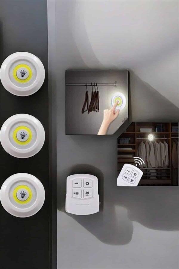 Spot Lamba Led Işık 3'lü Uzaktan Kumandalı Pilli Yapışkanlı Kablosuz