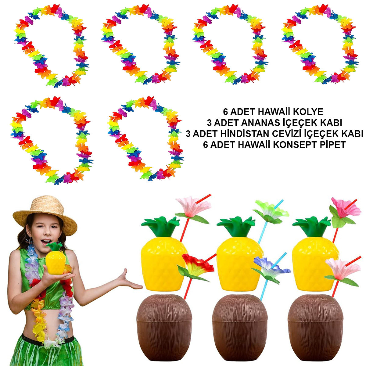 Tropikal Hawaii Parti Malzemeleri - Kolye, Pipet, Bardak Seti (5286)