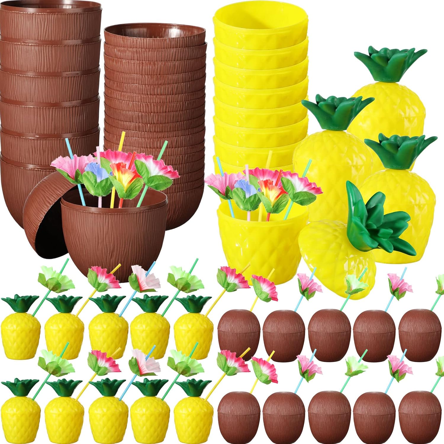 Tropikal Parti Bardak Seti - Ananas ve Hindistan Cevizi Şekilli Pipetli Bardaklar (20 Adet) (5286)