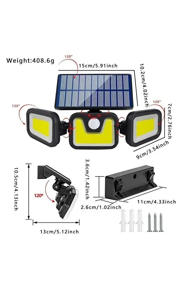 Üçlü Solar Led Projektör – Beyaz Işık – Sensörlü Dış Mekân Aydınlatma (5286)