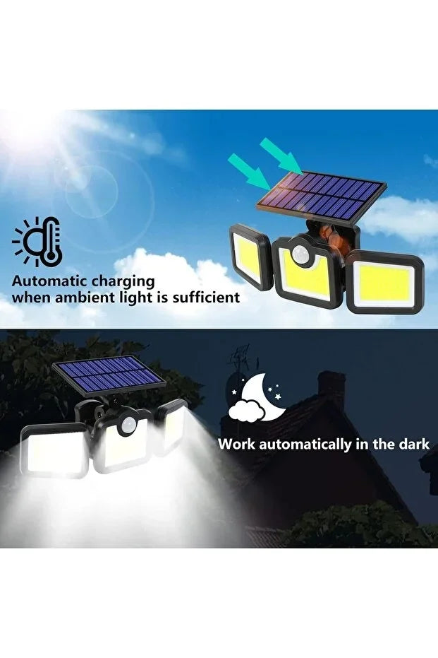 Üçlü Solar Led Projektör – Beyaz Işık – Sensörlü Dış Mekân Aydınlatma (5286)