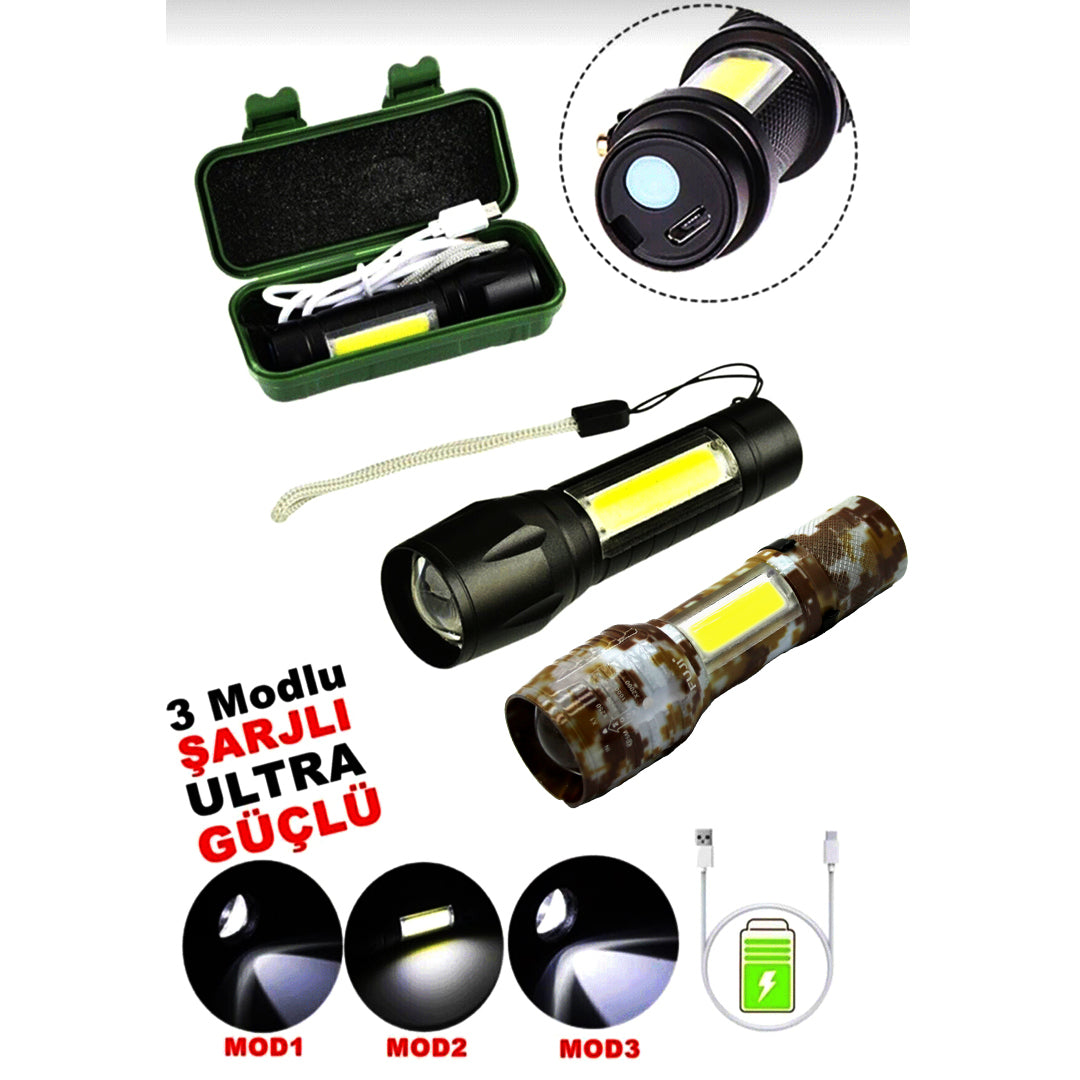 USB CHARGE 2İN13W+1W USB ŞARJLI LEDLİ POLİS EL FENERİ METAL KASA PLS.KUTU (5286)