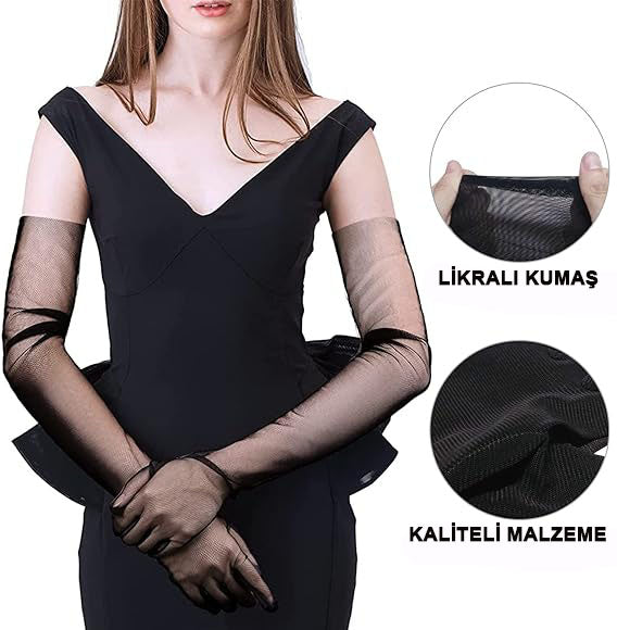 Uzun Boy Likralı Siyah Renk Yetişkin Mega Tül Eldiven 53 cm (5286)