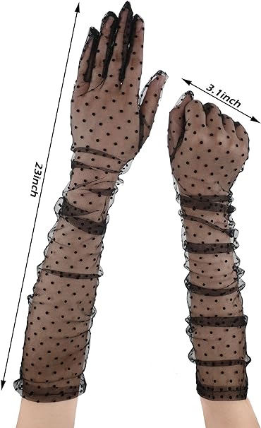 Uzun Boy Siyah Puantiyeli Siyah Renk Yetişkin Tül Eldiven 55 cm (5286)