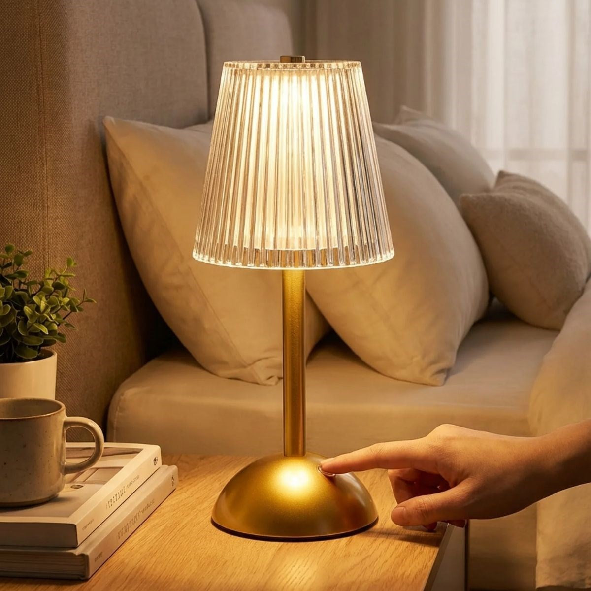 Uzun Klasik Çizgili Model LED Masa Lambası – Dokunmatik, 3 Renk Işık Modlu, Şarjlı Dekoratif Gece Lambası (5286)
