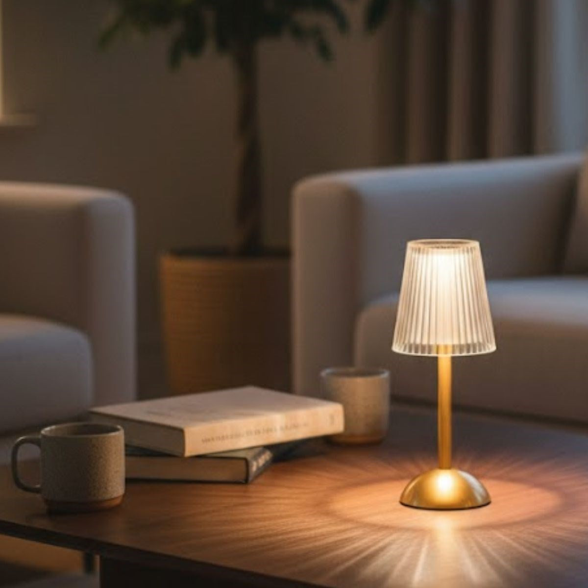 Uzun Klasik Çizgili Model LED Masa Lambası – Dokunmatik, 3 Renk Işık Modlu, Şarjlı Dekoratif Gece Lambası (5286)