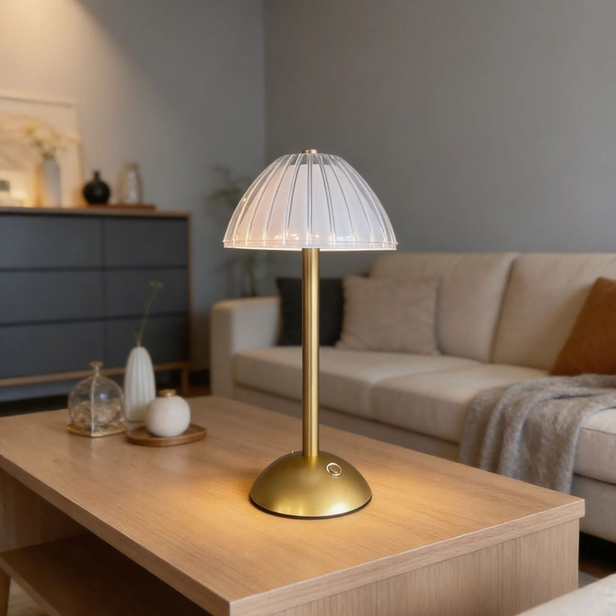 Uzun Mantar Çizgili Model LED Masa Lambası – Dokunmatik, 3 Renk Işık Modlu, Şarjlı Dekoratif Gece Lambası (5286)